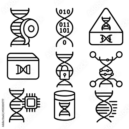 DNA Storage Icons. Outline style icons of DNA Data Storage: spiral data tape, binary on DNA helix, synthetic archive icon,