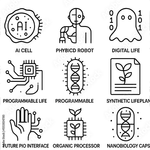 Future Concept Icons. Outline style icons of Future Concepts: synthetic AI cell, hybrid robot-bio system, digital life form,
