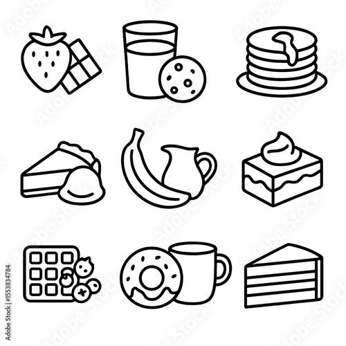 Sweet Pairing Icons. Outline style icons of Classic Sweet Pairings: strawberries and chocolate, cookies and milk, pancakes and