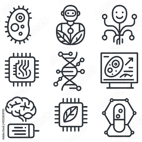 Future Concept Icons. Outline style icons of Future Concepts: synthetic AI cell, hybrid robot-bio system, digital life form,
