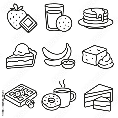 Sweet Pairing Icons. Outline style icons of Classic Sweet Pairings: strawberries and chocolate, cookies and milk, pancakes and