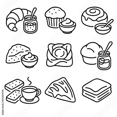 Baked Good Pairings. Outline style icons of Baked Good Pairings: croissant and fruit jam, muffin with cream cheese, cinnamon bun
