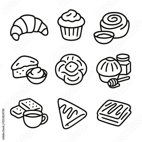 Baked Good Pairings. Outline style icons of Baked Good Pairings: croissant and fruit jam, muffin with cream cheese, cinnamon bun