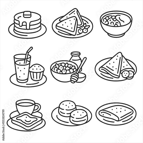 Sweet Brunch Icons. Outline style icons of Sweet Brunch Pairings: pancakes with syrup, French toast and berries, granola and