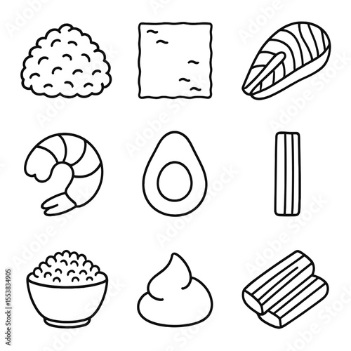 Sushi Ingredient Icons. Outline style icons of Sushi Ingredients: sushi rice, nori seaweed, raw salmon slice, cooked shrimp,