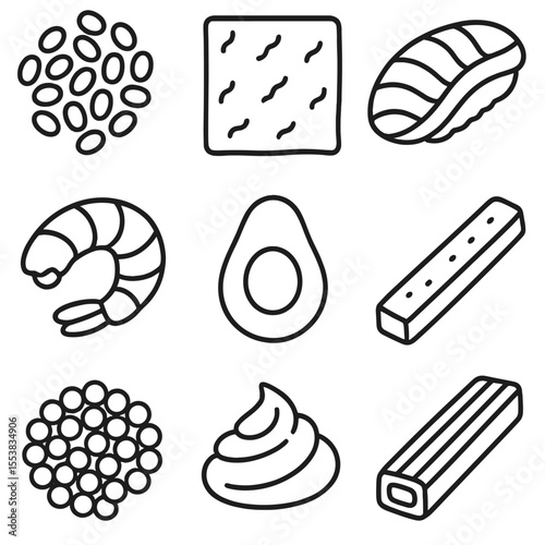 Sushi Ingredient Icons. Outline style icons of Sushi Ingredients: sushi rice, nori seaweed, raw salmon slice, cooked shrimp,