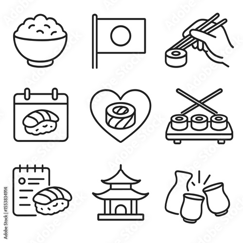 Sushi Icons Outline. Outline style icons of Sushi Culture Symbols: rice bowl icon, Japanese flag, chopstick etiquette, sushi