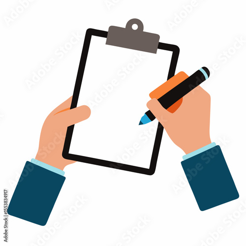 Hands holding black pen and clipboard with white blank sheet of paper vector on white background.