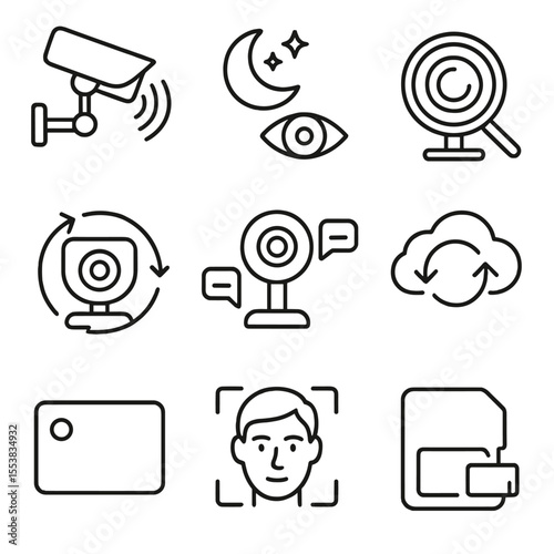 Camera Feature Icons. Outline style icons of Camera Features: motion detection icon, night vision mode, zoom lens symbol, camera