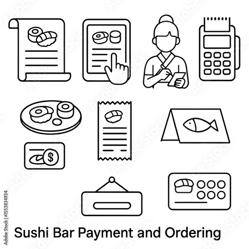 Sushi Bar Icons. Outline style icons of Sushi Bar Payment and Ordering: menu scroll, tablet order icon, waitstaff order pad,