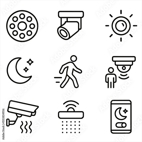 Night Vision Icons. Outline style icons of Night Vision Surveillance: IR LED ring, low light cam, glowing cam lens, night icon