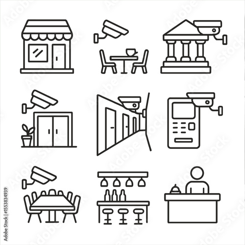 Surveillance Icon Set. Outline style icons of Surveillance at Business Venues: retail shop cam, cafe camera icon, bank