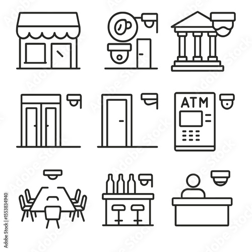 Surveillance Icon Set. Outline style icons of Surveillance at Business Venues: retail shop cam, cafe camera icon, bank