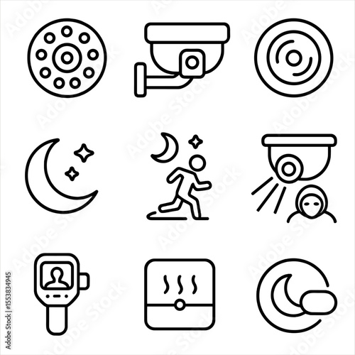 Night Vision Icons. Outline style icons of Night Vision Surveillance: IR LED ring, low light cam, glowing cam lens, night icon