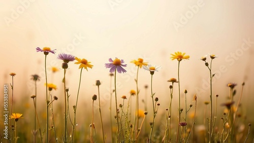 Wilde Blumenwiese im goldenen Morgenlicht – zarte Naturaufnahme mit romantischer Atmosphäre und weichem Bokeh-Hintergrund.