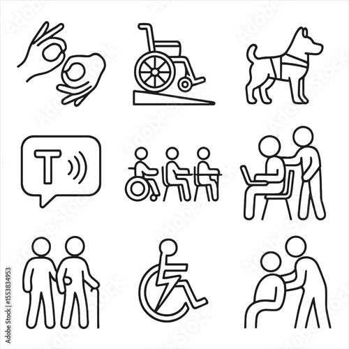 Disability Support Icons. Outline style icons of Disability Support: sign language interpreter, accessible ramp, support dog icon,