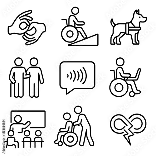 Disability Support Icons. Outline style icons of Disability Support: sign language interpreter, accessible ramp, support dog icon,