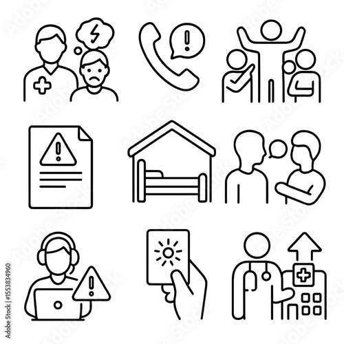Crisis Intervention Icons. Outline style icons of Crisis Intervention: mental health crisis team, emergency talk line,
