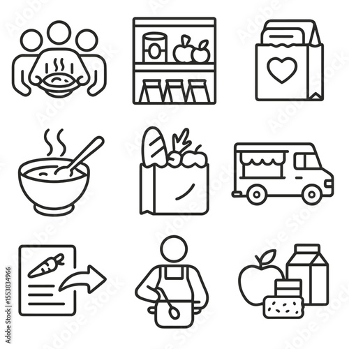 Food Support Icons. Outline style icons of Food Support: free community meal, food bank shelf, packed lunch donation, warm soup