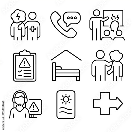 Crisis Intervention Icons. Outline style icons of Crisis Intervention: mental health crisis team, emergency talk line,