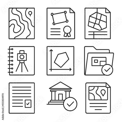 Surveying Document Icons. Outline style icons of Surveying Documents and Records: topographic map, boundary certificate, legal
