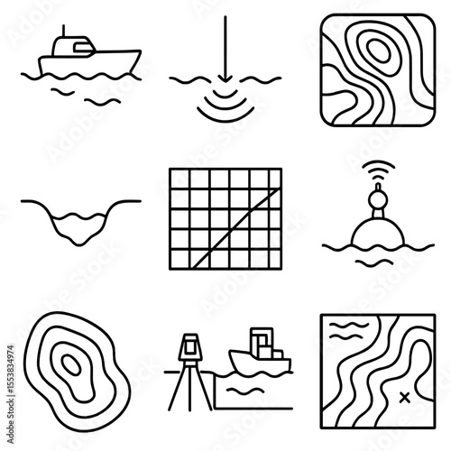 Hydrographic Survey Icons. Outline style icons of Hydrographic Surveying: sonar boat icon, water depth line, underwater topography