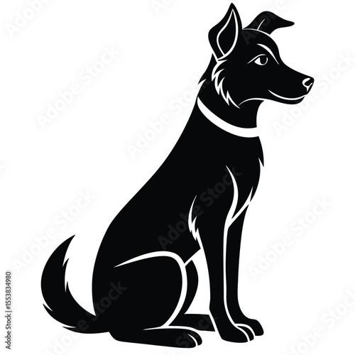 Attentive dog sitting in a flat vector silhouette on a graphic representation