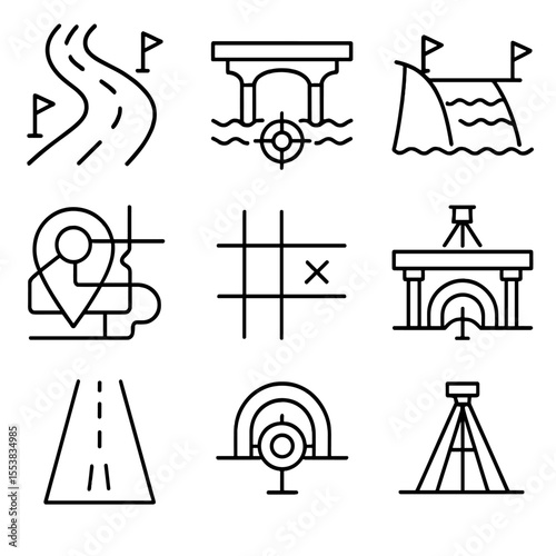 Survey Engineering Icons. Outline style icons of Engineering Surveys: road alignment survey, bridge support point, dam boundary