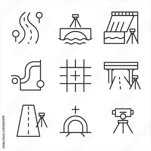 Survey Engineering Icons. Outline style icons of Engineering Surveys: road alignment survey, bridge support point, dam boundary