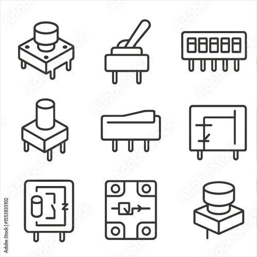 Switches and Relays Icons. Line style icons of Switches & Relays: tactile pushbutton, SPDT toggle switch, DIP switch bank, rotary