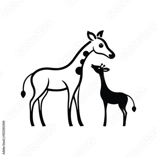 mom and baby giraffe touching noses black line