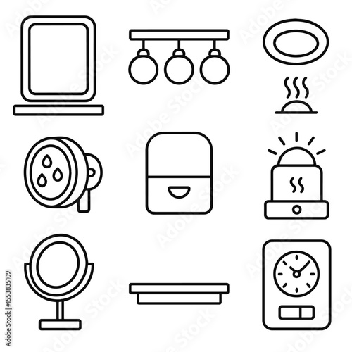 Bathroom Vanity Icons. Line style icons of Bathroom Vanity Lighting: mirror edge LED, globe bulb row, ceiling can light, shower