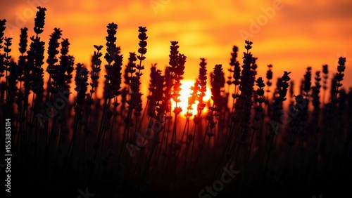 Schattenriss eines blühenden Lavendelfeldes vor leuchtendem Sonnenuntergang – stimmungsvolles Naturbild voller Ruhe und Magie.