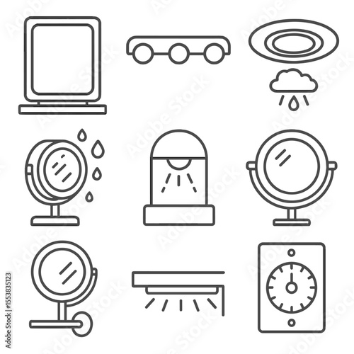 Bathroom Vanity Icons. Line style icons of Bathroom Vanity Lighting: mirror edge LED, globe bulb row, ceiling can light, shower