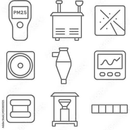 Particulate Matter Monitor Icons. Line style icons of Particulate Matter Monitors: handheld PM2.5 sensor, fixed air station, laser