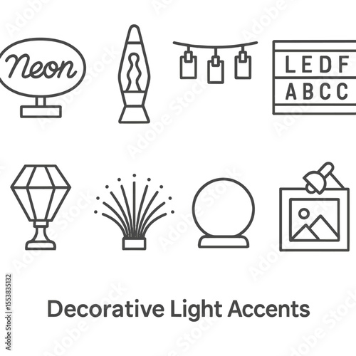 Decorative Light Icons. Line style icons of Decorative Light Accents: neon word sign, lava lamp, LED photo clip string, light box