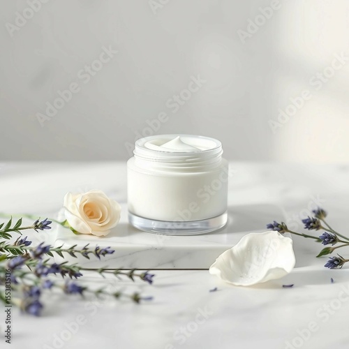 Minimalistisches Stillleben mit weißem Creme-Tiegel, Lavendel und Rose auf hellem Marmor – stilvolle Szene für Kosmetik und Wellness.
