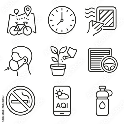 Clean-Air Lifestyle Icons. Line style icons of Personal Clean-Air Habits: route planner bike, avoid rush-hour clock, home purifier