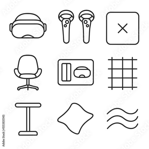 Virtual Reality Icons. Line style icons of Virtual Reality Lounge: VR headset, motion controllers, boundary mat, 360° swivel chair