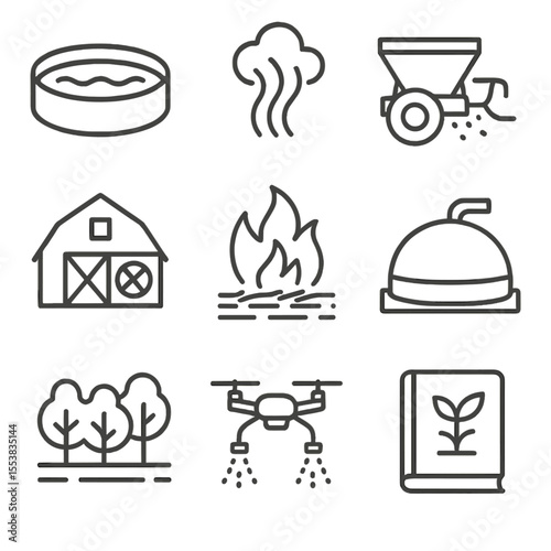 Agricultural Emissions Icons. Line style icons of Agricultural Air Emissions: open manure lagoon, ammonia plume icon, fertilizer