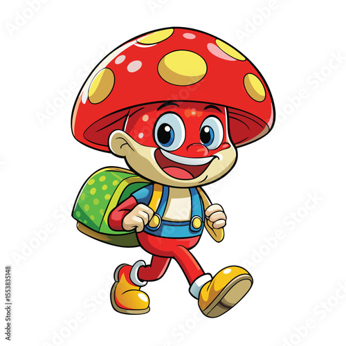 A cartoon character bird toucan wearing red clothes and a mushroom hat goes for a trek with a backpack in a vector illustration
