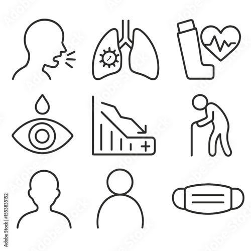 Air Pollution Health Impacts. Line style icons of Health Effects of Bad Air: coughing figure, inflamed lung diagram, asthma
