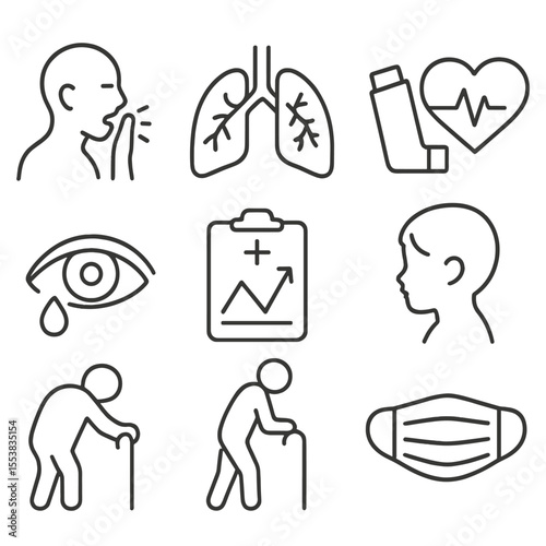 Air Pollution Health Impacts. Line style icons of Health Effects of Bad Air: coughing figure, inflamed lung diagram, asthma