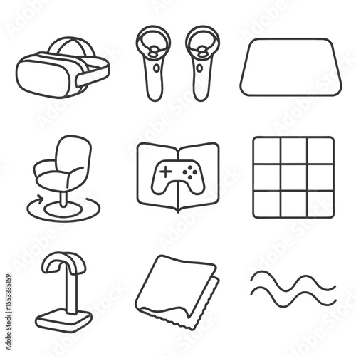Virtual Reality Icons. Line style icons of Virtual Reality Lounge: VR headset, motion controllers, boundary mat, 360° swivel chair