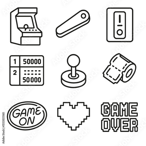 Indoor Mini Arcade Icons. Line style icons of Indoor Mini Arcade: arcade cabinet, pinball flipper, coin slot, high-score screen,