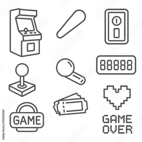 Indoor Mini Arcade Icons. Line style icons of Indoor Mini Arcade: arcade cabinet, pinball flipper, coin slot, high-score screen,