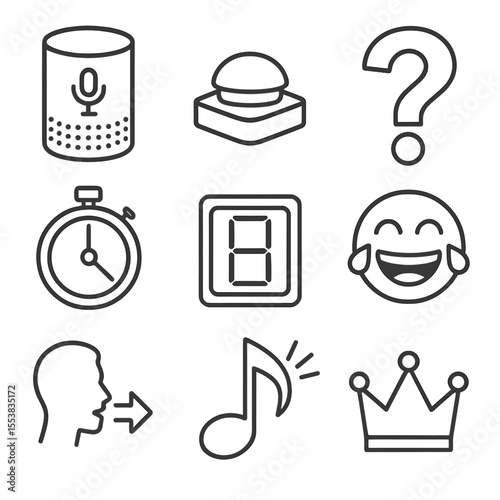Smart Home Voice Games. Line style icons of Smart Home Voice Games: voice assistant cylinder, quiz buzzer, trivia question mark,