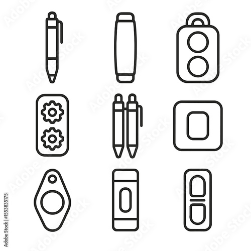 Flip & Click Fidgets Icons. Line style icons of Flip & Click Fidgets: click pen, flip stick, button clicker, gear flip bar,