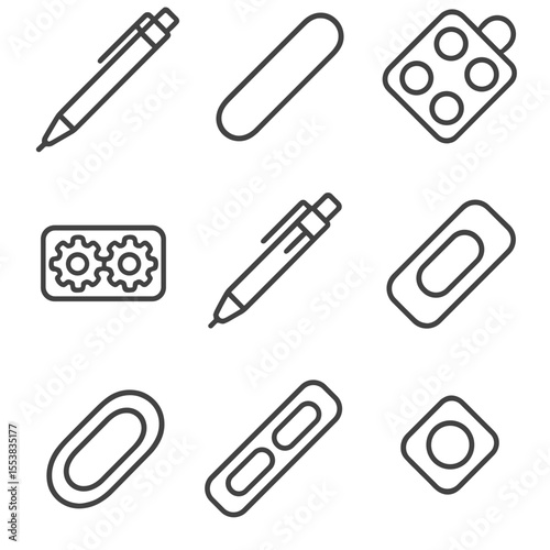 Flip & Click Fidgets Icons. Line style icons of Flip & Click Fidgets: click pen, flip stick, button clicker, gear flip bar,