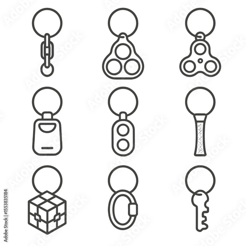 Keychain Fidget Icons. Line style icons of Keychain Fidget Tools: swivel chain, pop bubble keychain, mini spinner keychain,